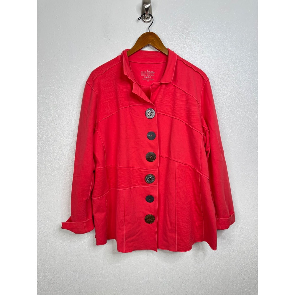 Neon Buddha Womens 2X Coral Pink Button Front Jacket Artsy Raw Seam Slub Knit